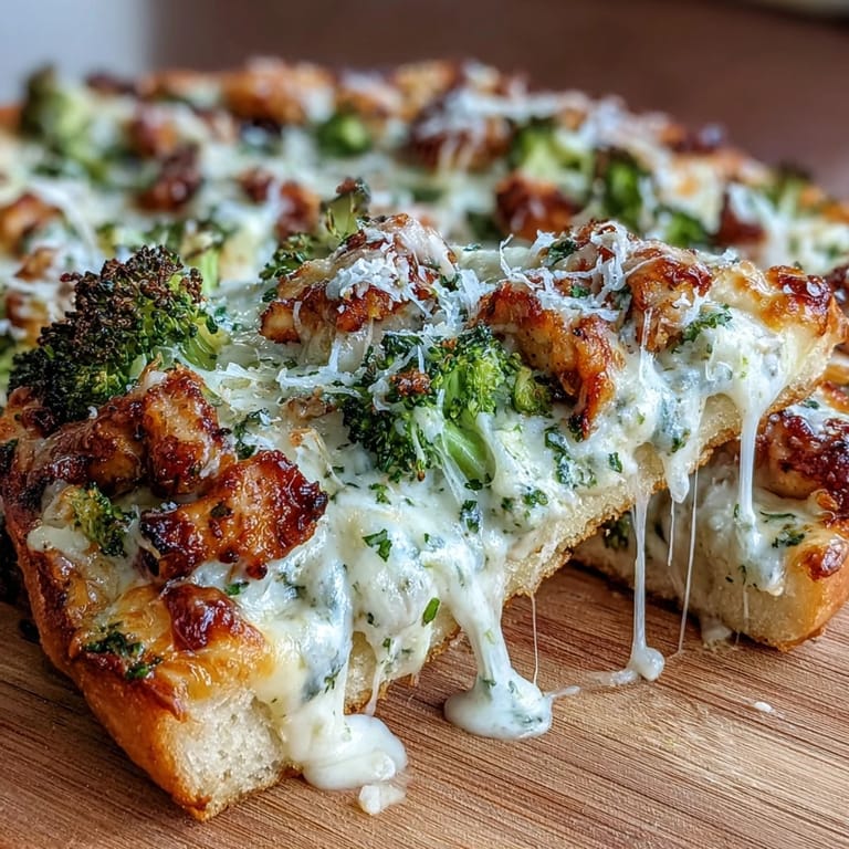 A freshly baked Garlic Parmesan Chicken & Broccoli Pizza with melted mozzarella, savory chicken, and bright parsley garnish on a rustic board.