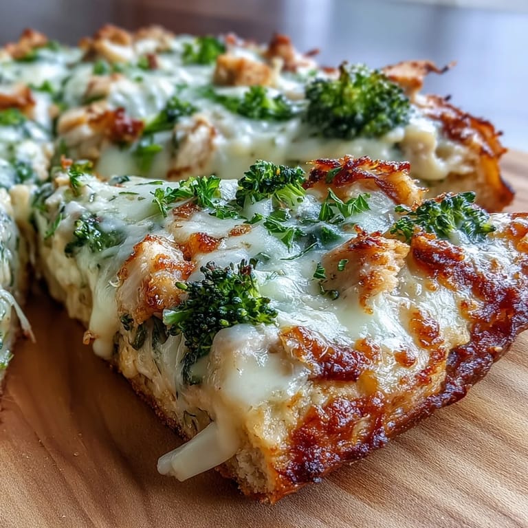 Close-up of a slice of Garlic Parmesan Chicken & Broccoli Pizza being lifted, revealing tender chicken and broccoli on a creamy white sauce.
