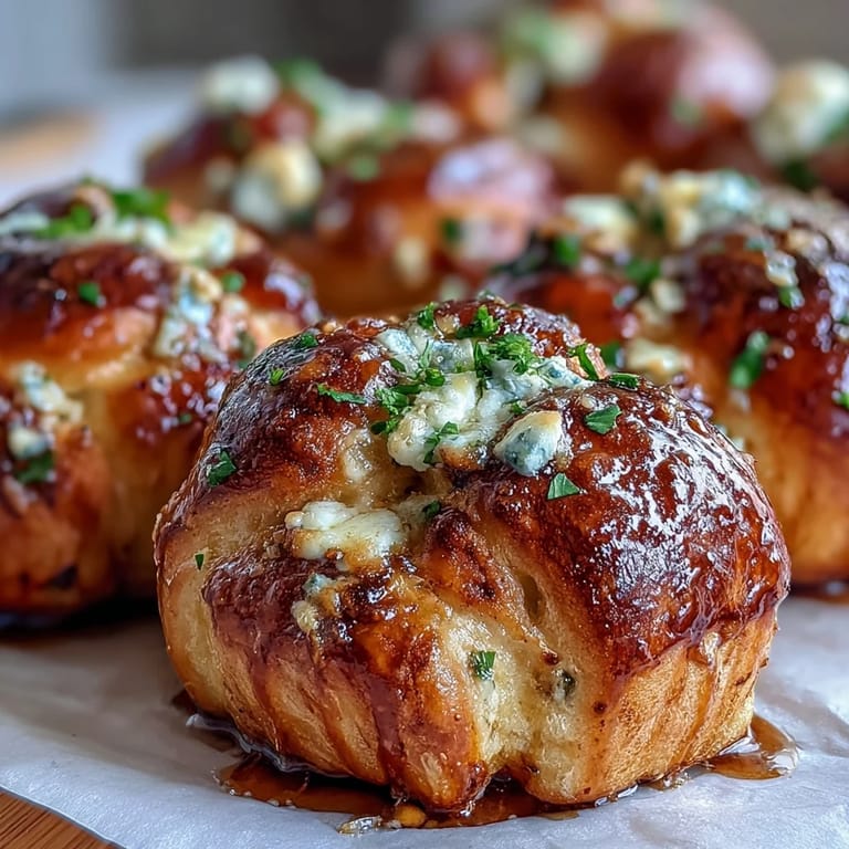 Ooey-gooey Hot Honey Ricotta Stuffed Garlic Knots drizzled with spicy sweet honey on a rustic platter.