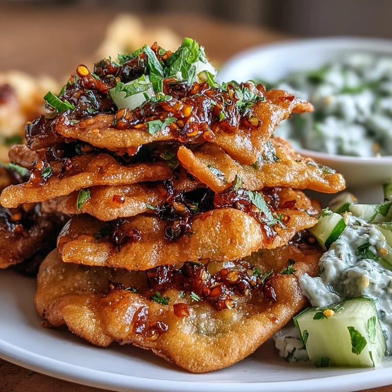 Freshly baked Spicy Chili Crisp Garlic Naan Chips coated in chili crisp served with a cool, creamy Asian cucumber dip.