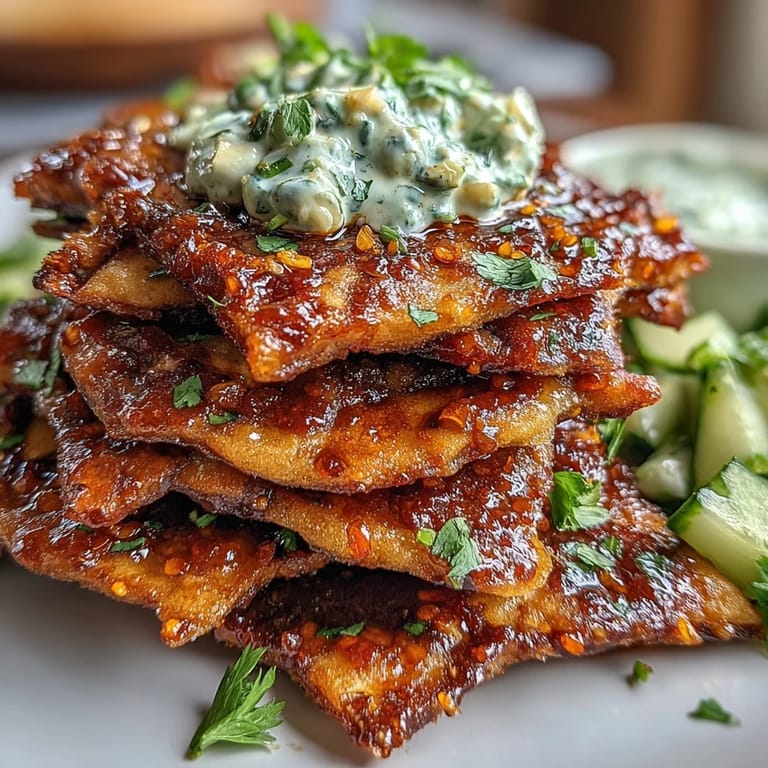 Crisp Spicy Chili Crisp Garlic Naan Chips dipped into a savory bowl of Asian cucumber dip, perfect for sharing.