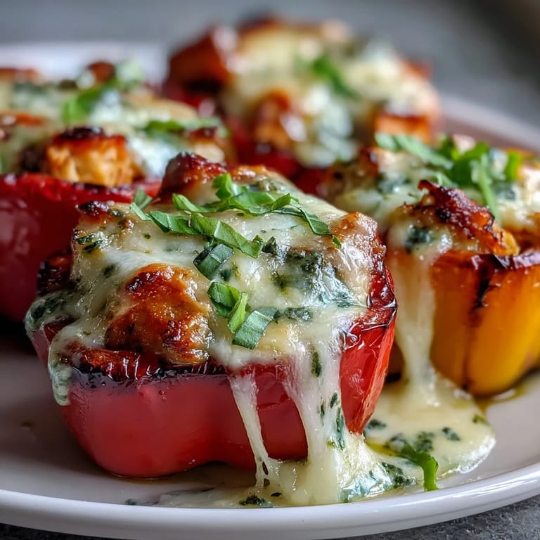 Juicy shredded chicken and basil pesto fill mini sweet peppers, finished with fresh sliced basil.