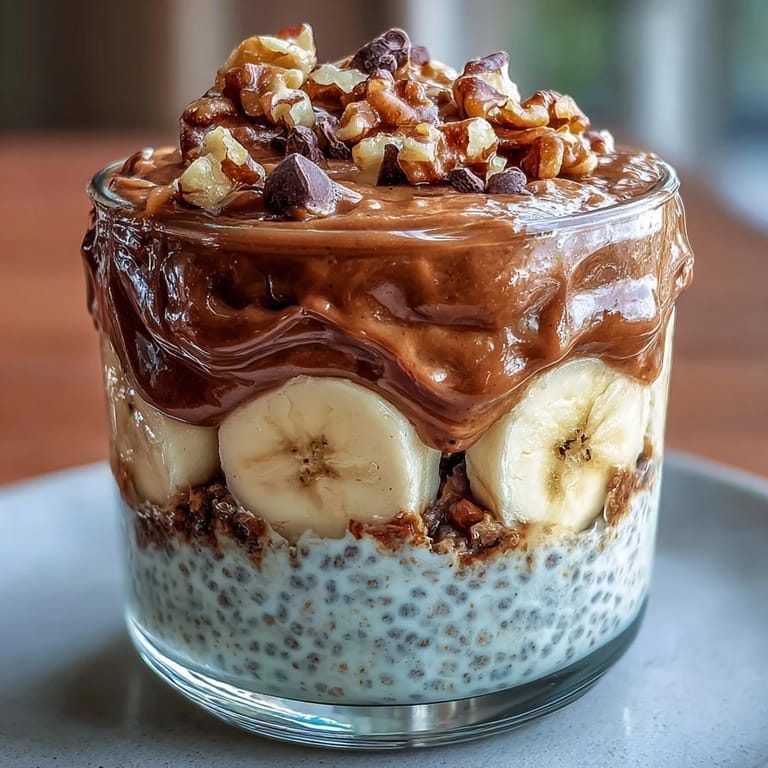 A glass jar shows layers of cocoa and vanilla chia pudding with sliced bananas and walnuts for a Chunky Monkey breakfast.