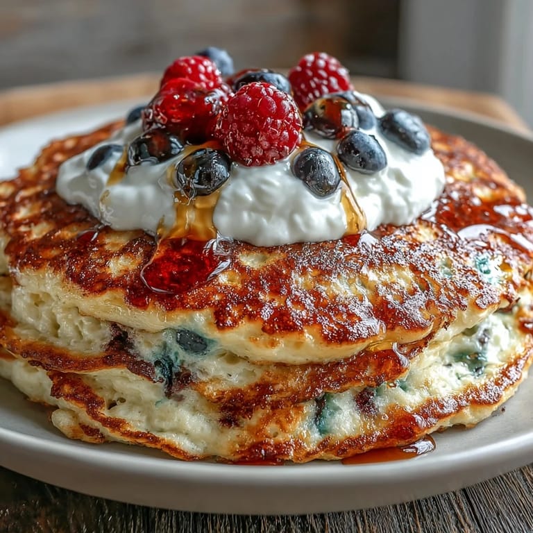 Stack of golden-brown Berry Protein Pancakes with Greek Yogurt on a white plate, surrounded by scattered blueberries and raspberries for a vibrant breakfast.