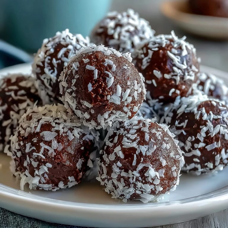 Freshly rolled Vegan Chocolate Avocado Truffles with shredded coconut on a rustic wooden platter, ready to chill.