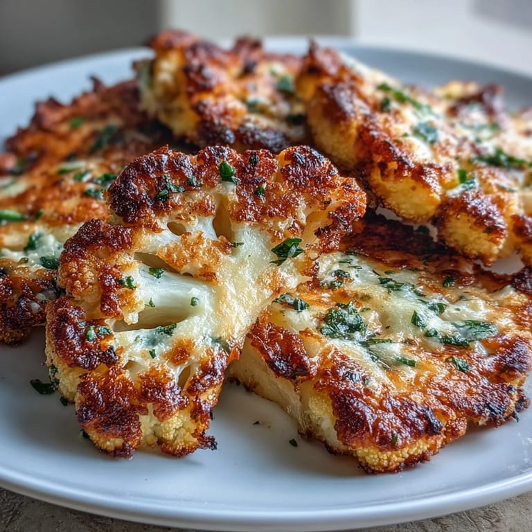 Golden roasted Keto Garlic Parmesan Roasted Cauliflower Steaks with a crisp, cheesy crust and fresh parsley garnish.