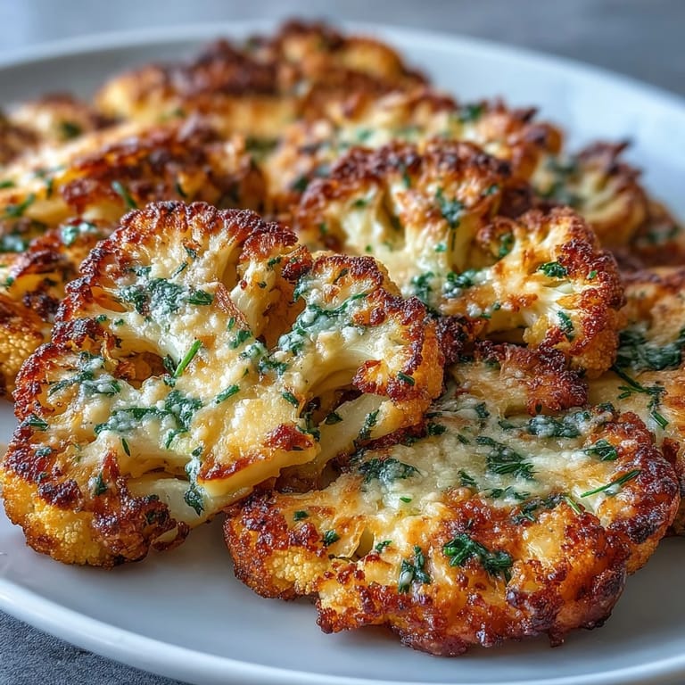 A close-up view of Keto Garlic Parmesan Roasted Cauliflower Steaks, garnished with parsley and served as a low-carb side.