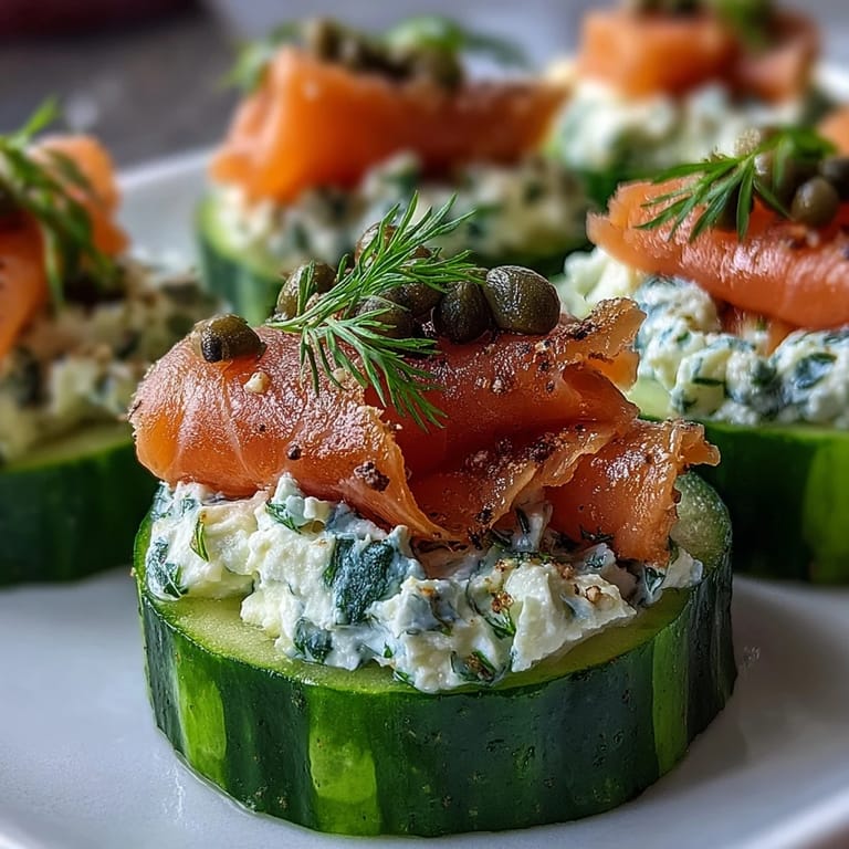 Fresh Keto Smoked Salmon and Cream Cheese Cucumber Bites garnished with dill and capers on a rustic wooden board.