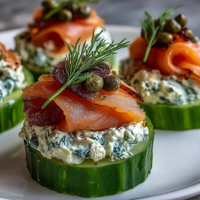 Crisp cucumber rounds topped with smooth cream cheese and pink smoked salmon for a low-carb appetizer platter.