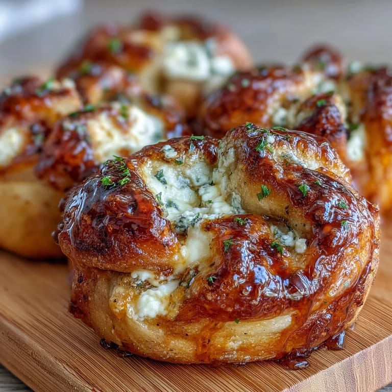 Close-up view of Hot Honey Ricotta Stuffed Garlic Knots revealing creamy ricotta filling, brushed with garlic butter and drizzled with red pepper infused honey.
