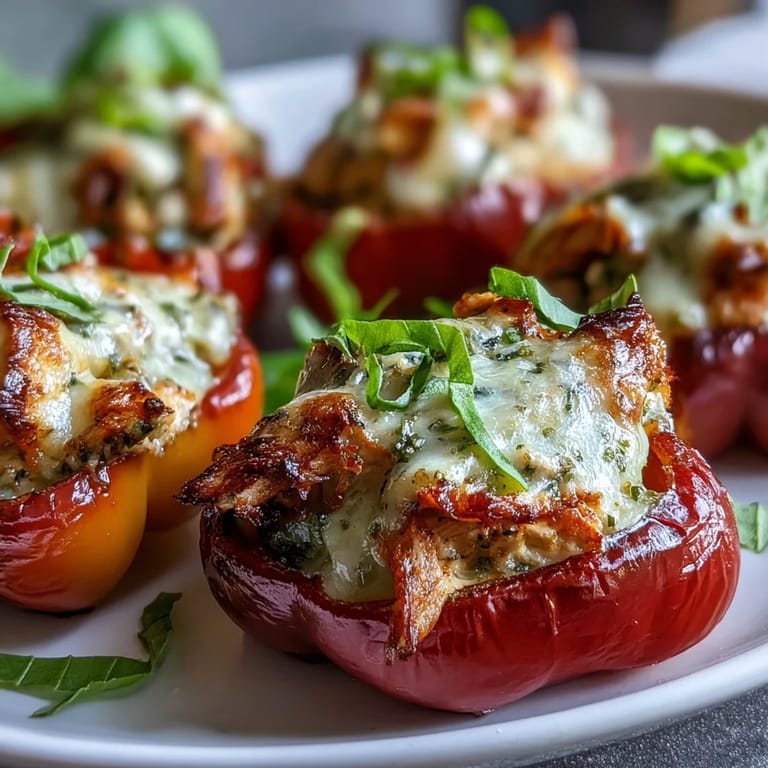 Bite-sized mini sweet peppers overflowing with creamy pesto chicken and mozzarella, served warm as a light Italian-inspired dinner.