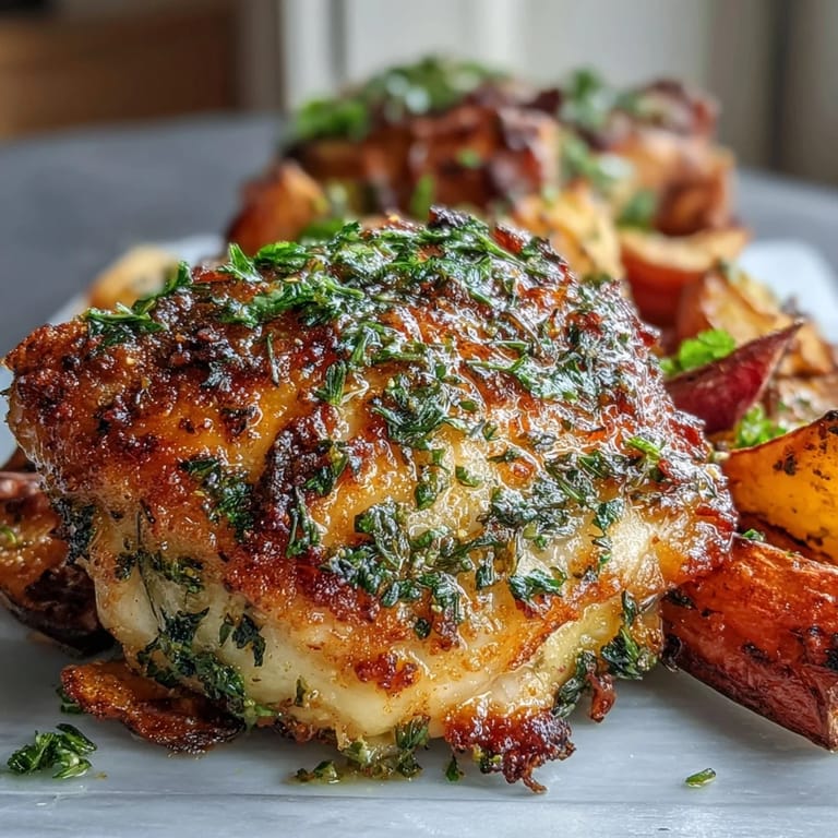 Golden chicken breasts topped with a fragrant herb and Parmesan crust, served alongside tender roasted carrots, parsnips, and sweet potatoes.