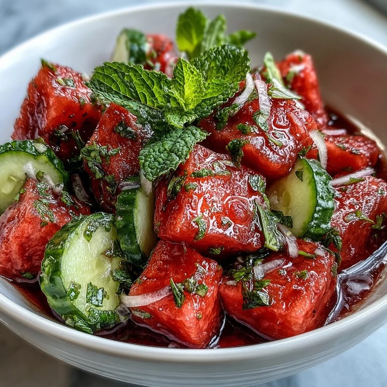 Cool and refreshing watermelon cucumber salad topped with fresh mint leaves for a light, hydrating side dish.  