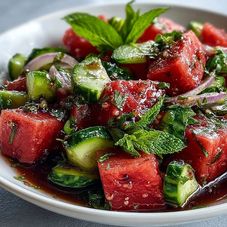 Vibrant watermelon cucumber mint salad combining sweet fruit, crunchy cucumber, and aromatic herbs in every bite.