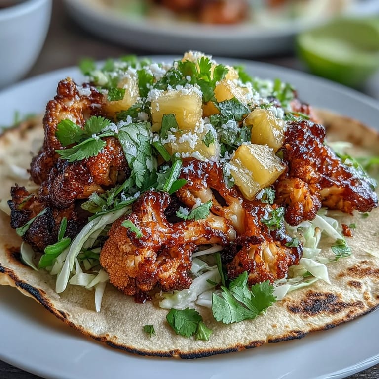 Plant-based BBQ cauliflower tacos with caramelized edges, zesty pineapple salsa, and creamy avocado slices served on warm corn tortillas.