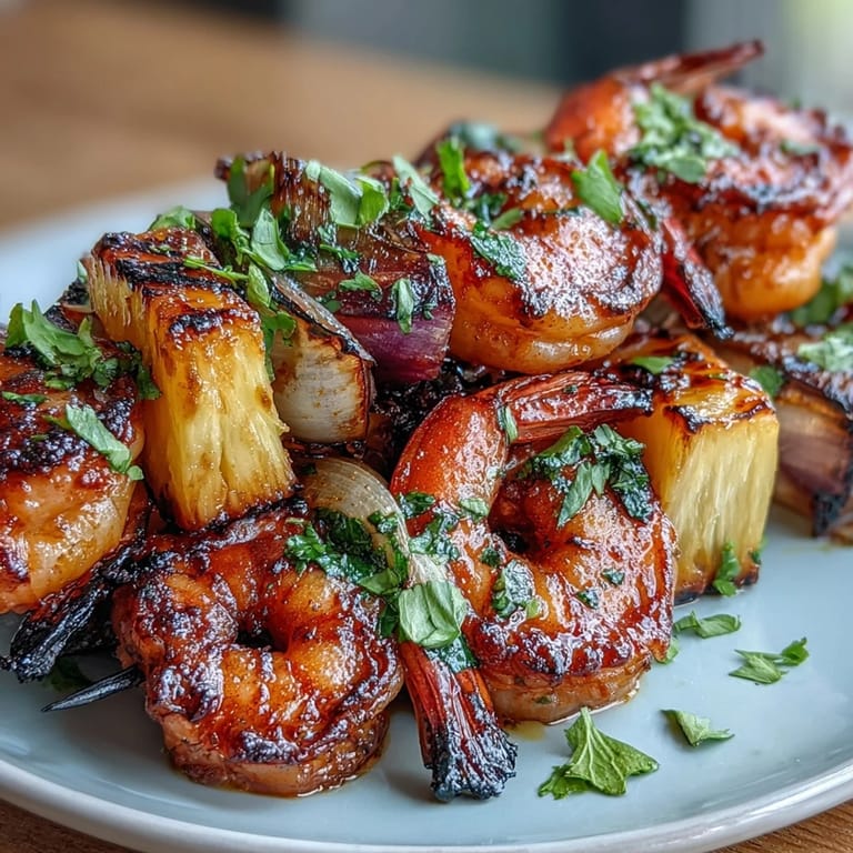 Juicy Grilled Shrimp and Pineapple Skewers with Cilantro Lime - colorful skewers featuring marinated shrimp, fresh pineapple chunks, and crisp vegetables, grilled until smoky and served with extra lime.