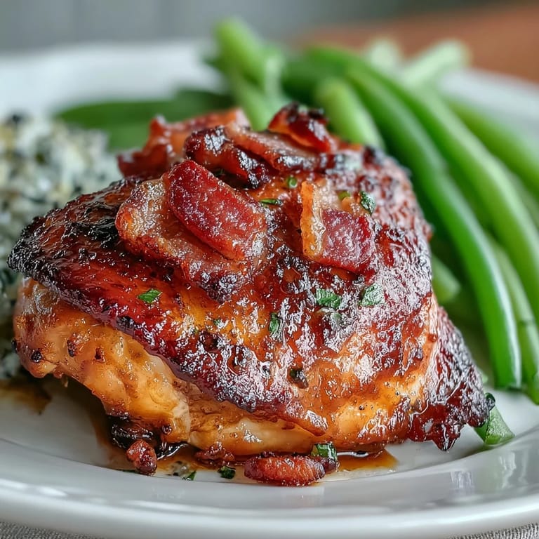 Crispy bacon-topped chicken thighs seasoned with ranch and baked alongside fresh green beans for a satisfying low-carb dinner.  
