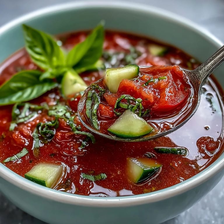 Silky Slim Summer Gazpacho with Cucumber, Tomato, and Bell Pepper, served chilled with a drizzle of olive oil and colorful vegetable garnish.