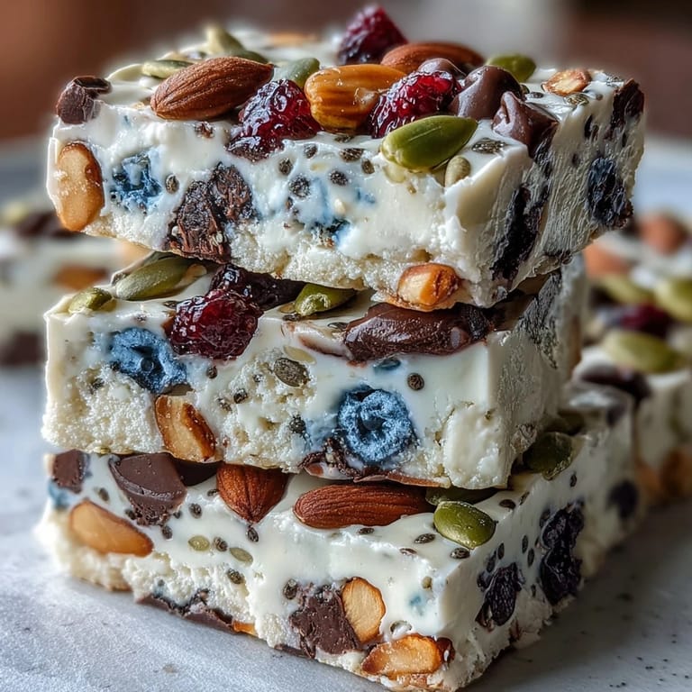 Frozen yogurt bark with fresh berries, pumpkin seeds, and dark chocolate chips—an easy, gluten-free breakfast or snack.