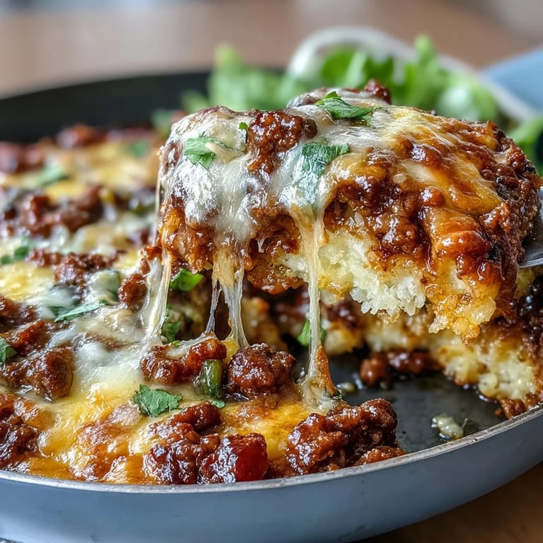 Sizzling ground beef and cauliflower rice layered with zesty taco seasoning and melted cheddar-Monterey Jack cheese in a hearty keto-friendly dish.  
