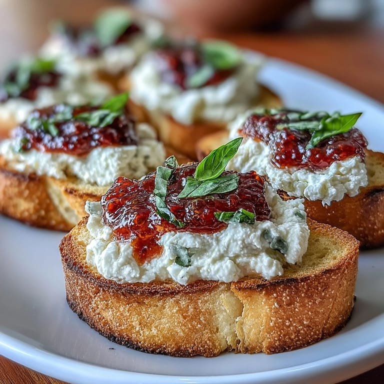 Tangy goat cheese spread on golden bruschetta, finished with vibrant chili jam and fresh basil leaves.  