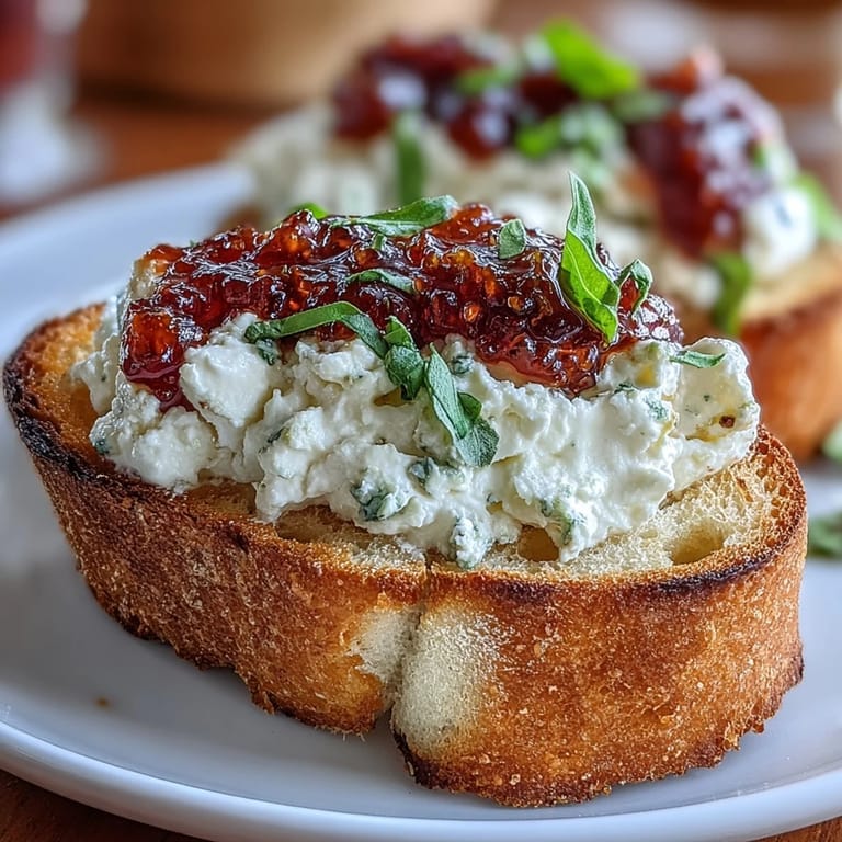 Warm bruschetta layered with smooth goat cheese and chili jam, garnished with basil for a flavorful bite.