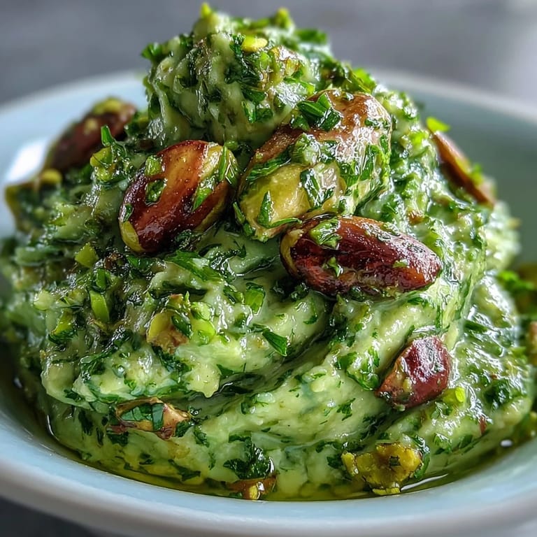 Creamy pistachio pesto made with ground nuts, garlic, and olive oil, perfect for drizzling over grilled vegetables.  
