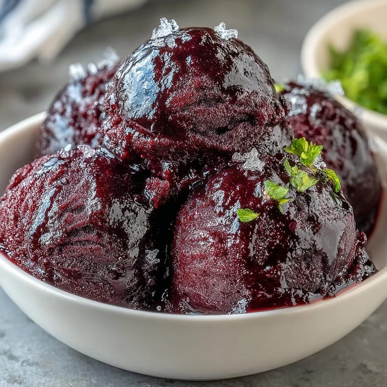 Silky smooth black currant sorbet served in chilled glass bowls with fresh mint garnish.  