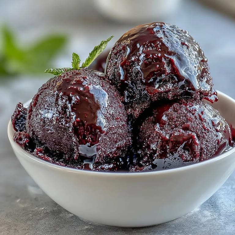 Bright and tangy black currant sorbet with intense berry flavor, perfect for summer dessert.
