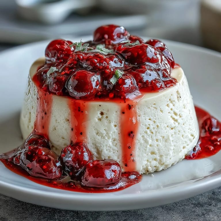 Delicate panna cotta with fragrant cardamom, elegantly plated and drizzled with sweet-tart berry compote for a perfect dessert.