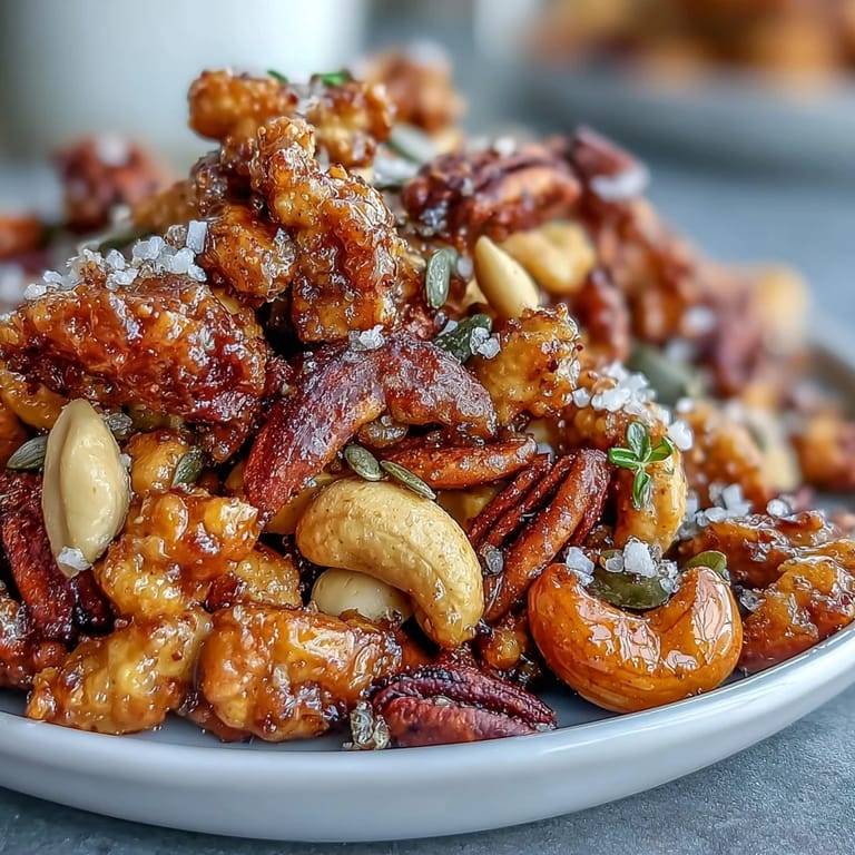 Warm spiced Salted Honey & Peanut Snack Mix fresh from the oven, with crunchy clusters of nuts and seeds coated in sweet-savory honey butter.  