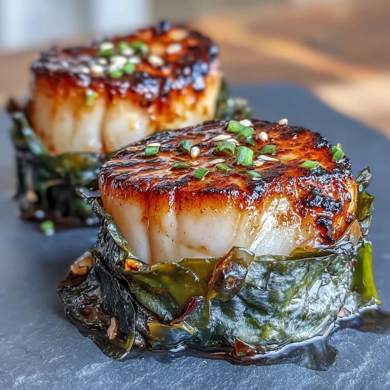 Crispy nori-encased scallops drizzled with citrusy ponzu, garnished with sesame seeds and green onions.  