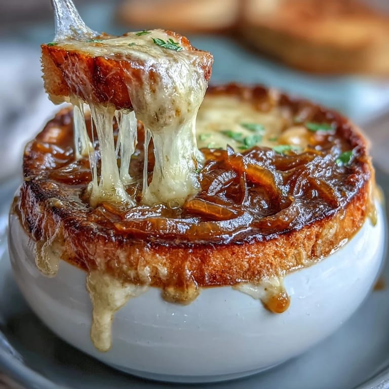 Rich, savory French onion soup with slow-cooked caramelized onions and cheesy sourdough Gruyere toasts.  