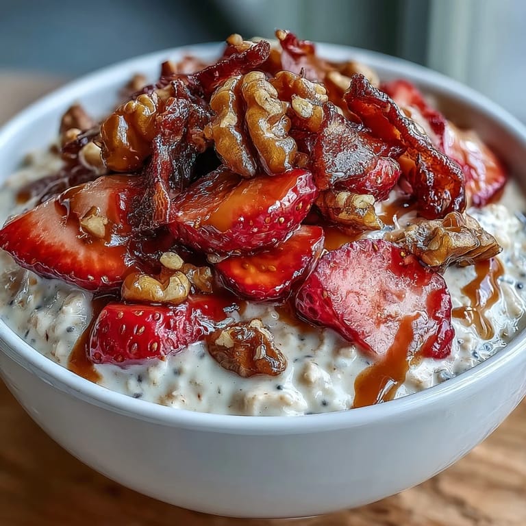 Chilled overnight oats with juicy strawberries and sweet candied walnuts create a delicious, make-ahead breakfast full of flavor and texture.