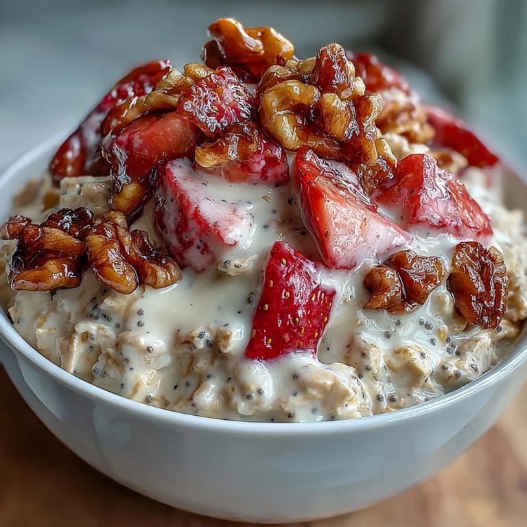 Vibrant red strawberries and golden candied walnuts top a bowl of rich, protein-packed overnight oats for a satisfying start.  