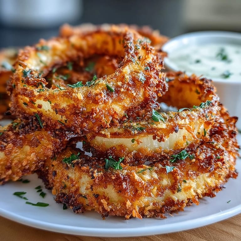 Air-fried onion rings with a light, crispy coating and smoky paprika flavor, served alongside rich garlic aioli.