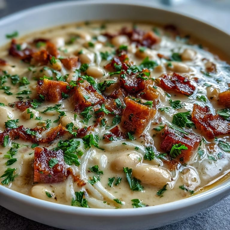 Hearty winter soup featuring tender ham, creamy white beans, and aromatic herbs, served steaming hot in a cozy setting.  
