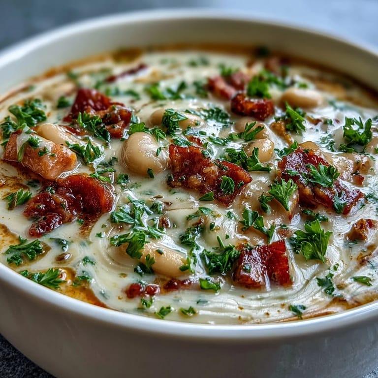 A comforting bowl of ham and white bean soup with fresh thyme and parsley, perfect for a warming one-pot meal.