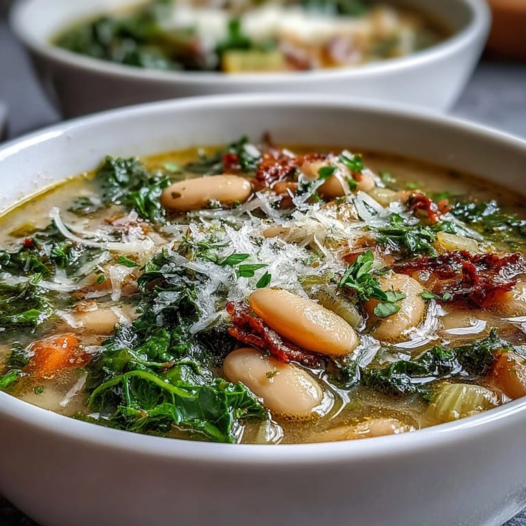 Hearty Italian white bean soup loaded with vegetables, served in a rustic bowl with grated Parmesan and crusty bread on the side.