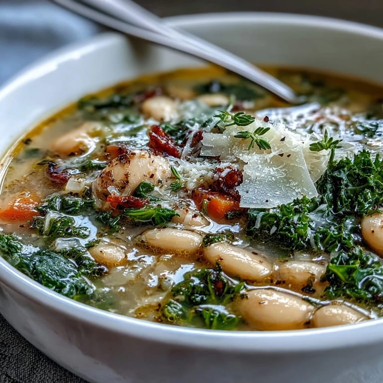 Creamy cannellini beans and tender kale simmered in a rich vegetable broth, topped with Parmesan and a drizzle of olive oil for extra flavor.  