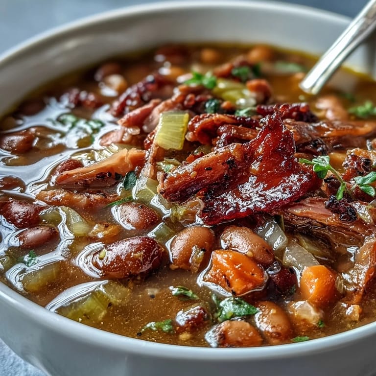 Cozy 15-bean soup featuring a ham bone, colorful veggies, and deep smoky flavors, perfect for chilly days.