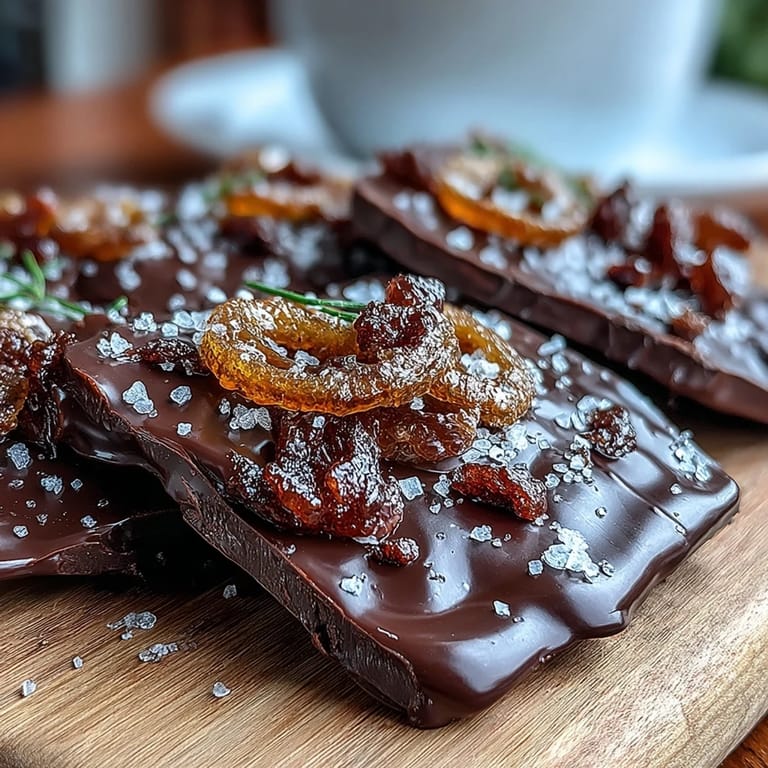 Artisan dark chocolate bark with candied orange peel, accented with pistachios and raspberries for a gourmet dessert.