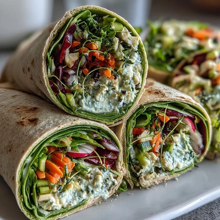 Fresh spinach tortillas rolled with creamy hummus and vibrant spring vegetables, perfect for a healthy lunch or snack.  