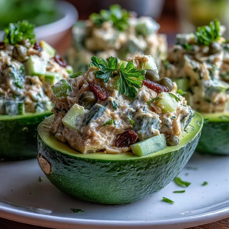Protein-packed chickpea salad with crunchy celery and pickles, served in ripe avocado halves for a healthy lunch.  