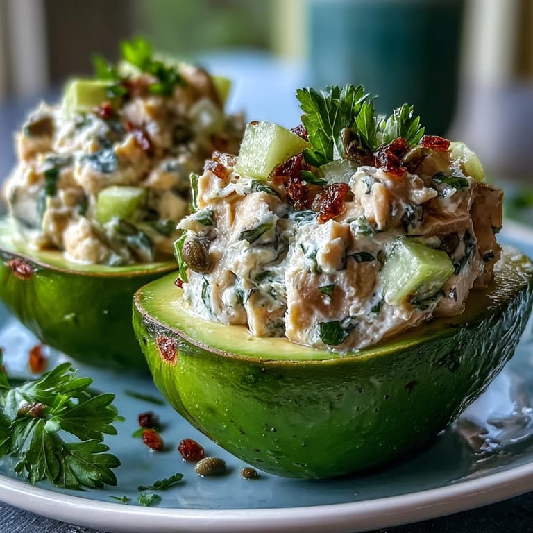 Fresh avocados filled with vegan chickpea tuna salad, garnished with parsley and served on a bed of mixed greens.