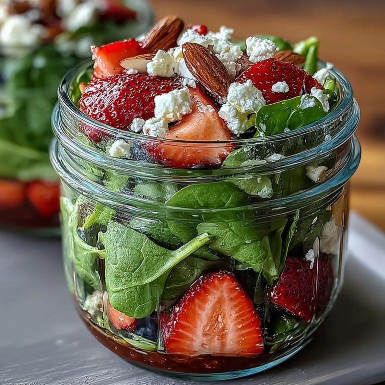 Mason jar salad featuring ripe strawberries, baby spinach, and toasted almonds, all drizzled with homemade balsamic vinaigrette for a refreshing, healthy meal.