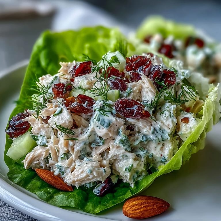 Fresh lettuce wraps filled with flavorful Greek yogurt chicken salad, garnished with herbs and almonds for a refreshing, nutritious bite.