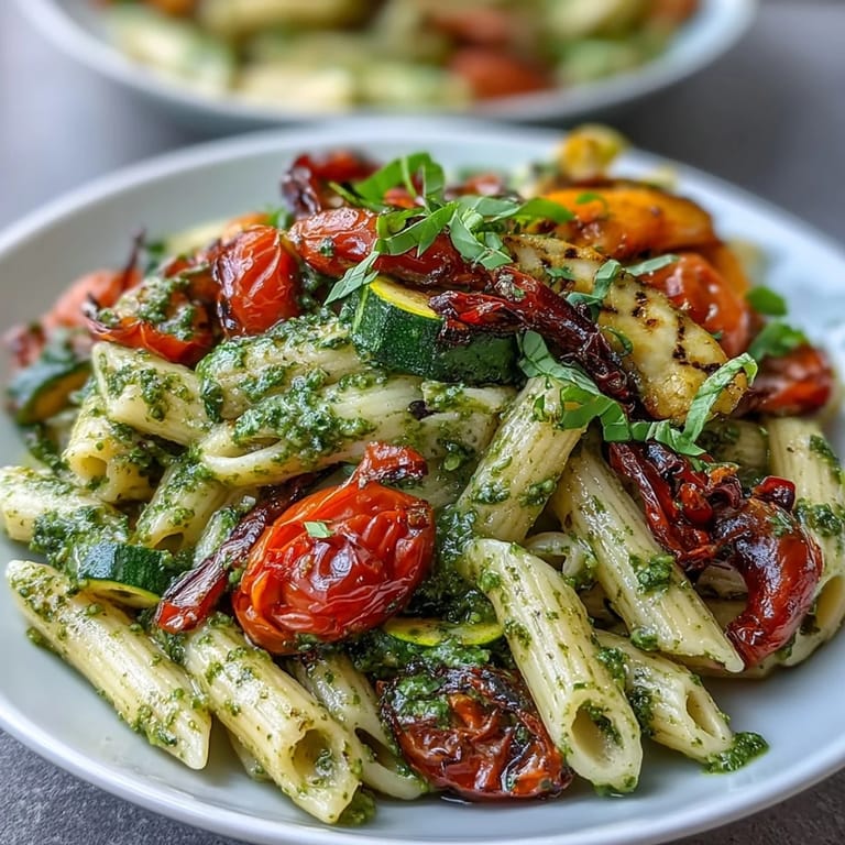 Colorful penne pasta mixed with oven-roasted zucchini, bell peppers, and sweet cherry tomatoes in a creamy basil pesto sauce.  