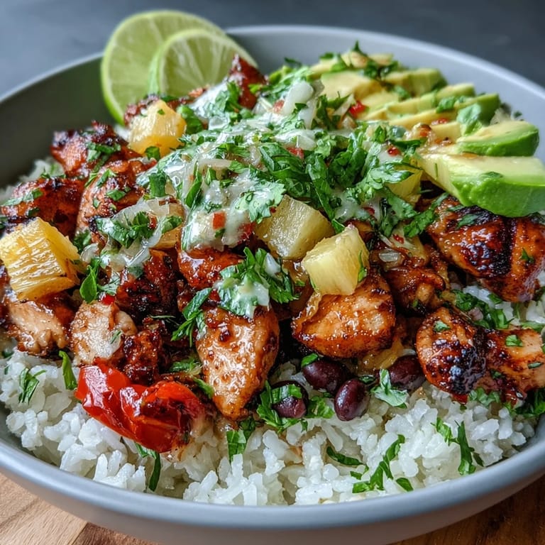Tropical-inspired chicken pineapple taco bowls featuring spiced chicken, creamy coconut rice, and zesty pineapple salsa.  