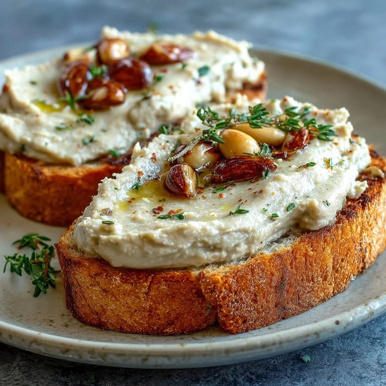 Velvety white bean and roasted garlic spread served on toasted sourdough, topped with fresh herbs and a hint of lemon zest.